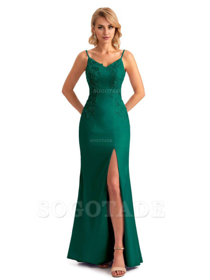 Sexy Side Split Mermaid Spaghetti Straps Soft Satin Unique Lace Long Bridesmaid Dresses