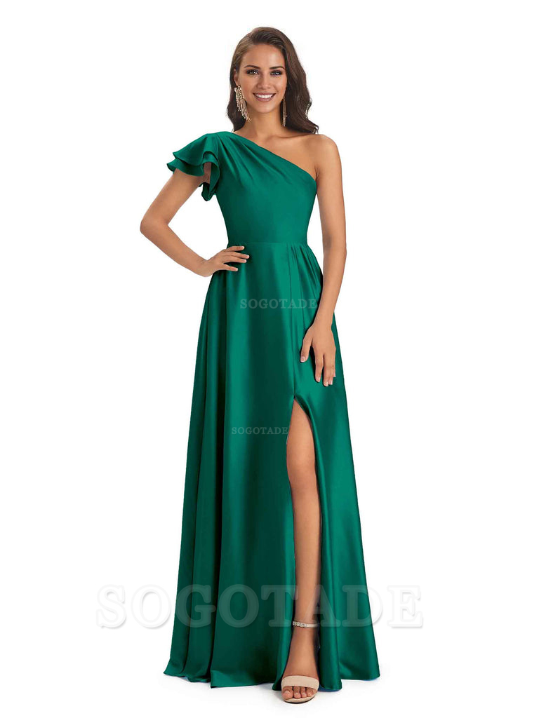 A-Line One Shoulder Ladies Long Bridesmaid Dresses Soft Satin Side Slit Elegant Evening Party Dress