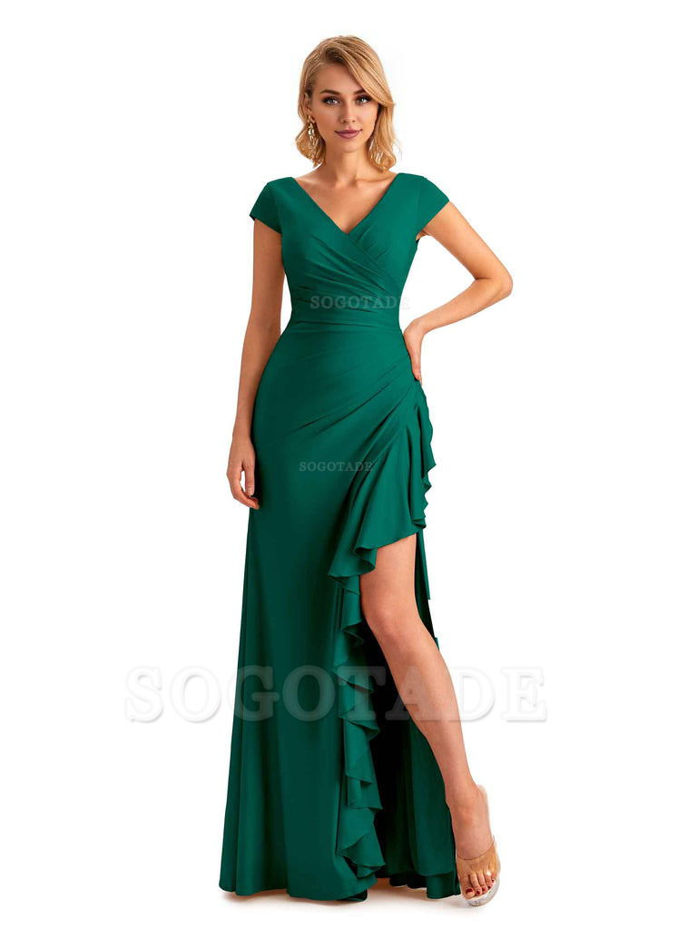 Sexy Side Slit Short Sleeves Mermaid Soft Satin Unique Long Maid Of Honor Dresses
