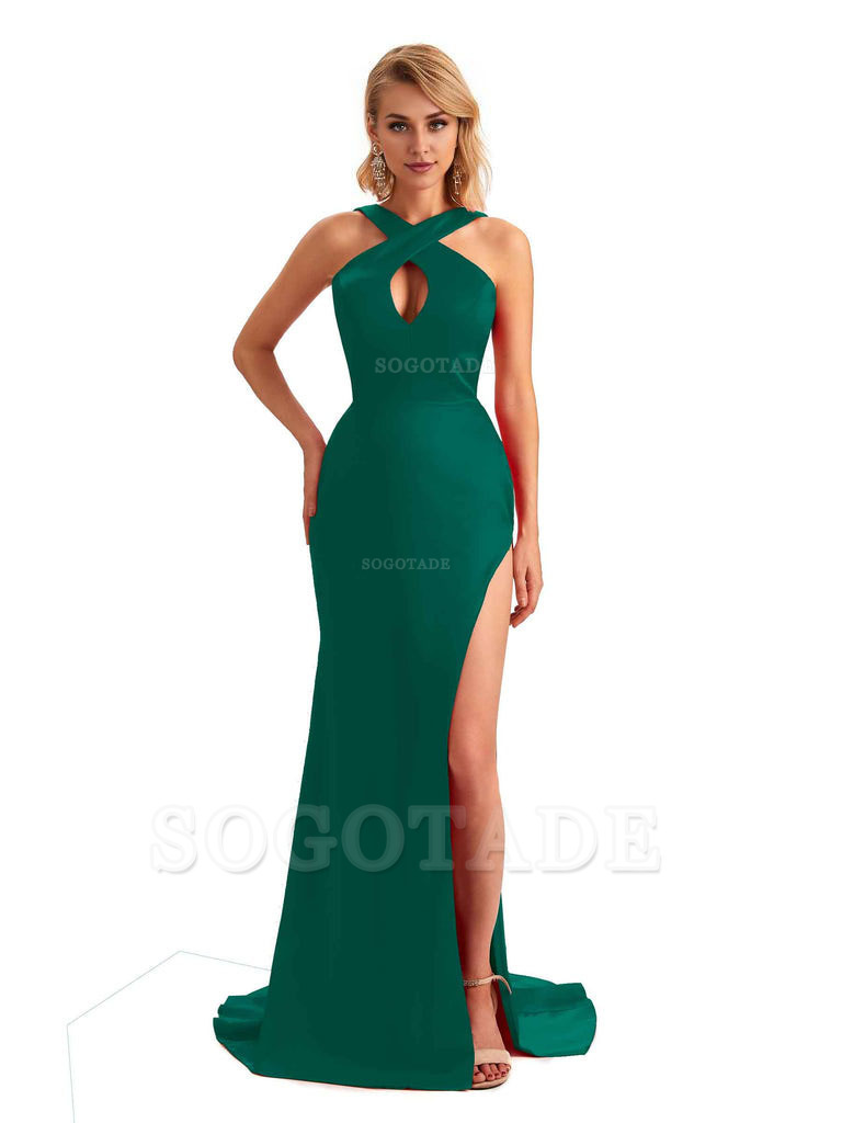 Sexy Side Slit Halter Mermaid Silky Satin Unique Long Formal Wedding Bridesmaid Dresses