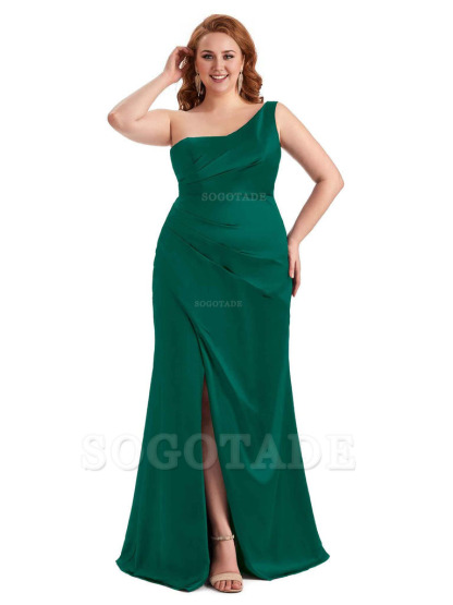 Sexy Side Slit One Shoulder Mermaid Long Plus Size Satin Maxi Dresses