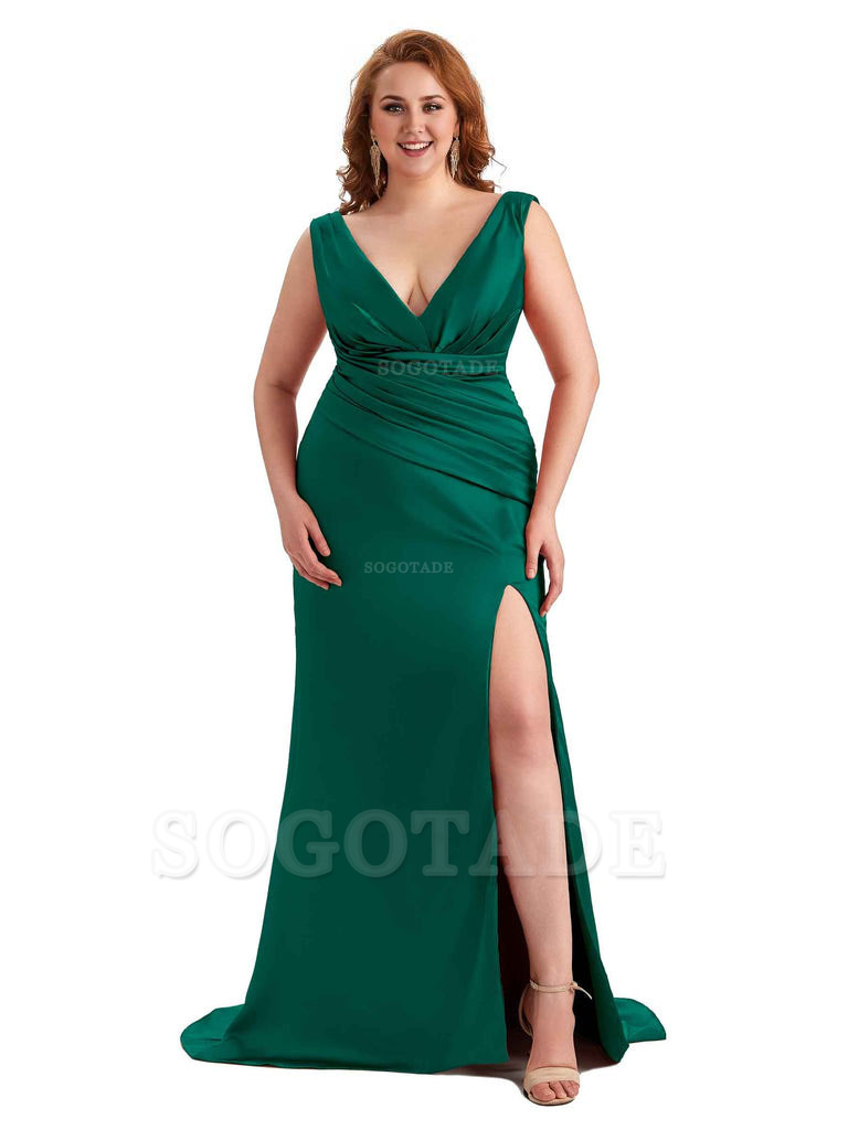 Elegant V-neck Side Slit Mermaid Soft Satin Long Plus Size Bridesmaid Dress For Wedding