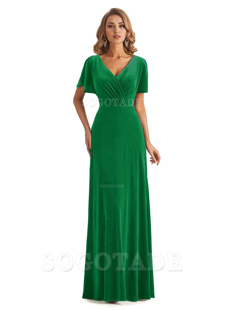 Elegant Mermaid V-neck Short Sleeves Unique Velvet Long Bridesmaid Dresses