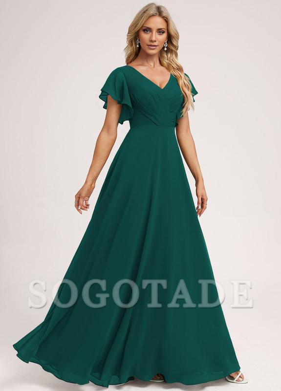 Ruffle A-line V-neck and floor chiffon bridesmaid dress