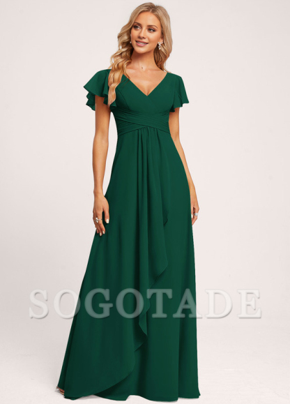 Ruffle A-line V-neck and floor chiffon bridesmaid dress