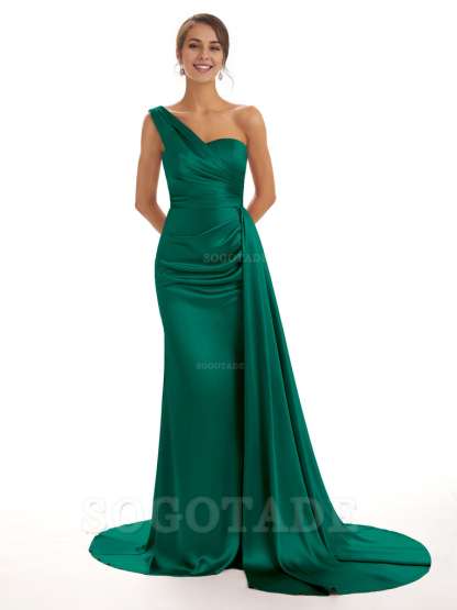 Elegant One Shoulder Soft Satin Unique Mermaid Long Bridesmaid Dresses Online prom dresses shops