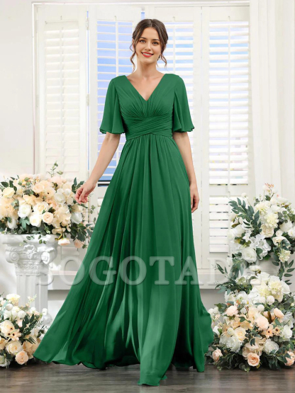 A-shaped V-shaped leader bridesmaid dress, suitable for wedding guests, long chiffon formal slit party dress