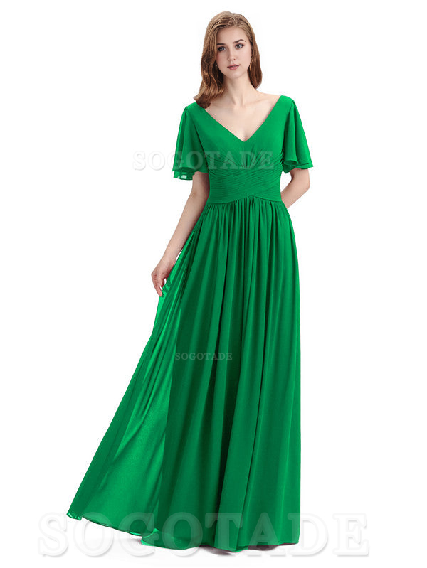 A-Line Chiffon Short Sleeves Elegant Floor-Length Bridesmaid Dresses Formal Women's Dresses Wedding Guests Dresses
