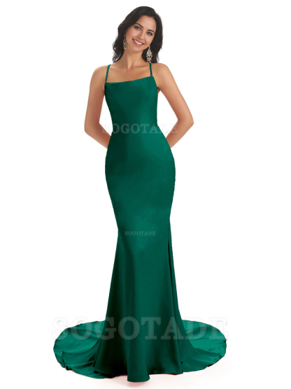 Mermaid Spaghetti Backless Straps Satin Long formal dresses evening gown Bridesmaid Dresses