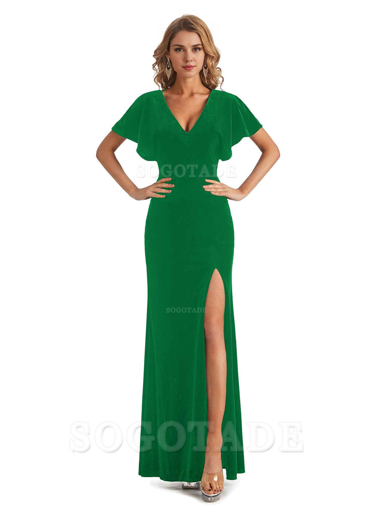 Mermaid Cultivate oneself V-Neck Short Sleeves Side Slit Velvet Long Elegant Simple Bridesmaid Dresses Formal Women's Dresses Wedding Guests Dresses