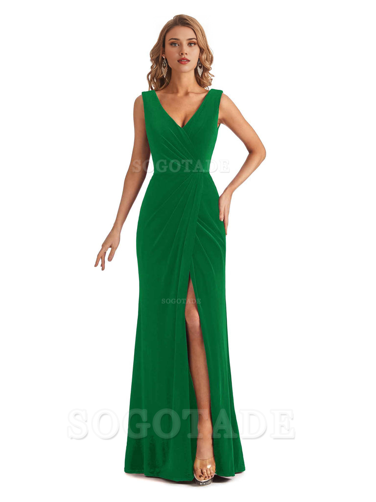 Sexy Deep V-Neck Sheath Velvet Side Slit Long Elegant Bridesmaid Dresses Formal Women's Dresses Wedding Guests Dresses