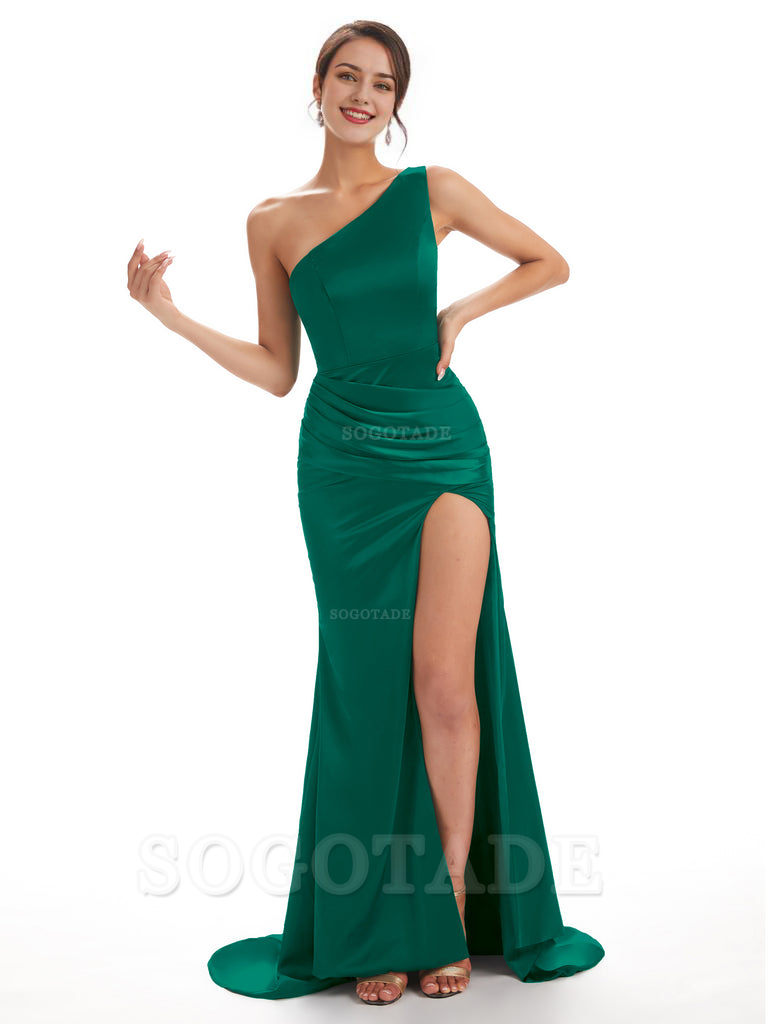 Sexy Soft Satin Side Slit One Shoulder Long Mermaid Bridesmaid Dresses Online prom shop dresses ﻿