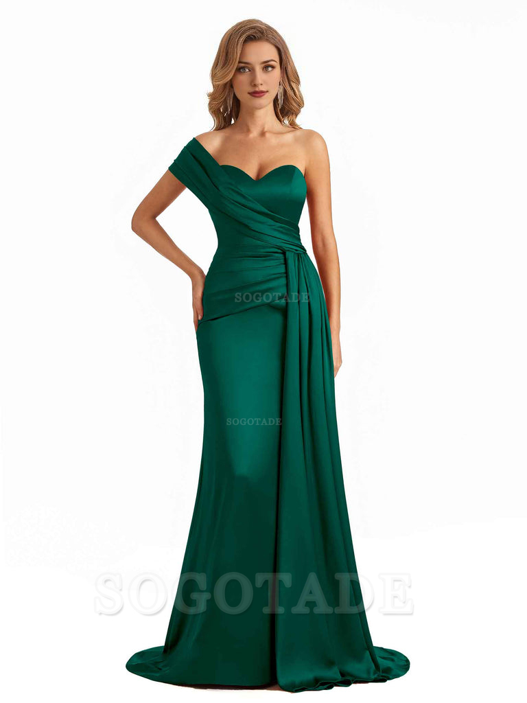 Elegant One Shoulder Soft Satin Long Mermaid Bridesmaid Dresses Online prom shop dresses ﻿