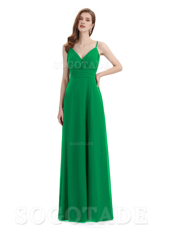 Chiffon V-Neck Spaghetti Strap Floor-Length Side Fork Long Bridesmaid Dresses Formal Women's Dresses Wedding Guests Dresses