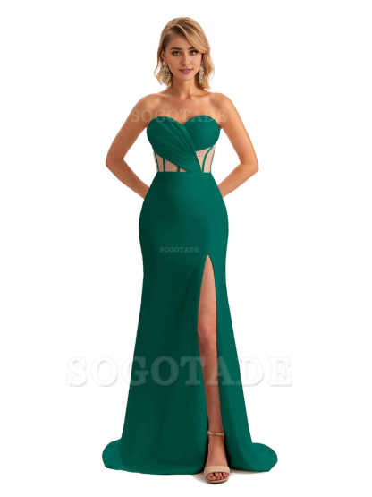 Sexy Sweetheart Strapless Side Slit Mermaid Soft Satin Unique Long Bridesmaid Dress For Wedding