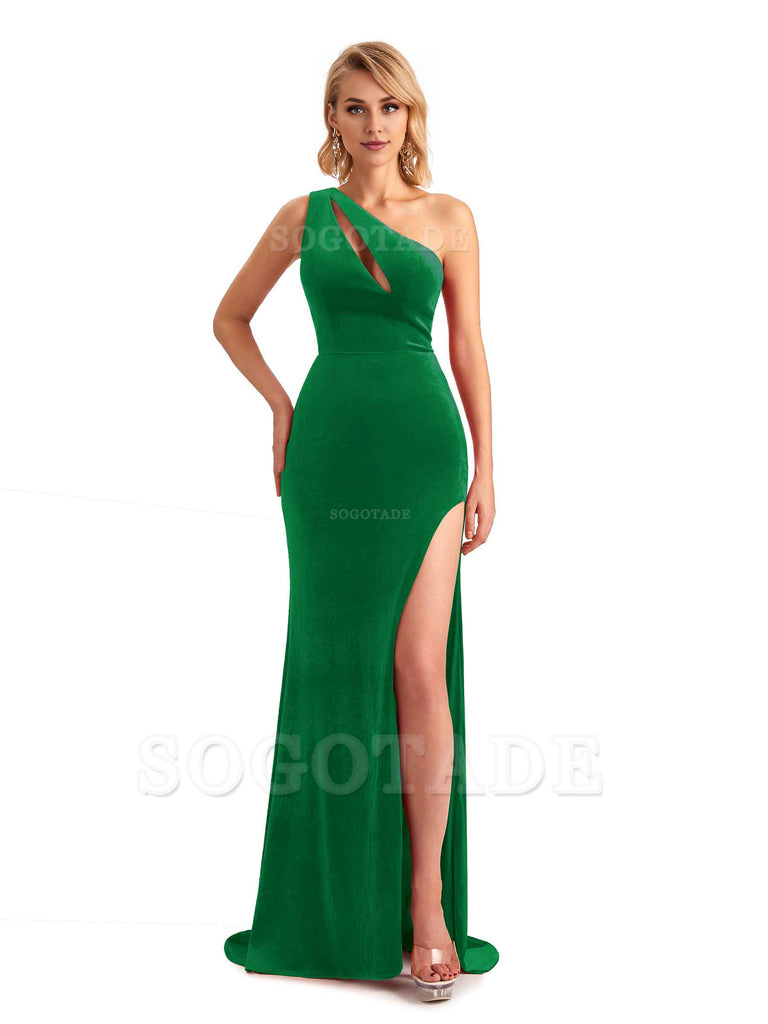 Sexy Sleeveless Floor Length Mermaid One Shoulder Side Slit Velvet Long Bridesmaid Dresses
