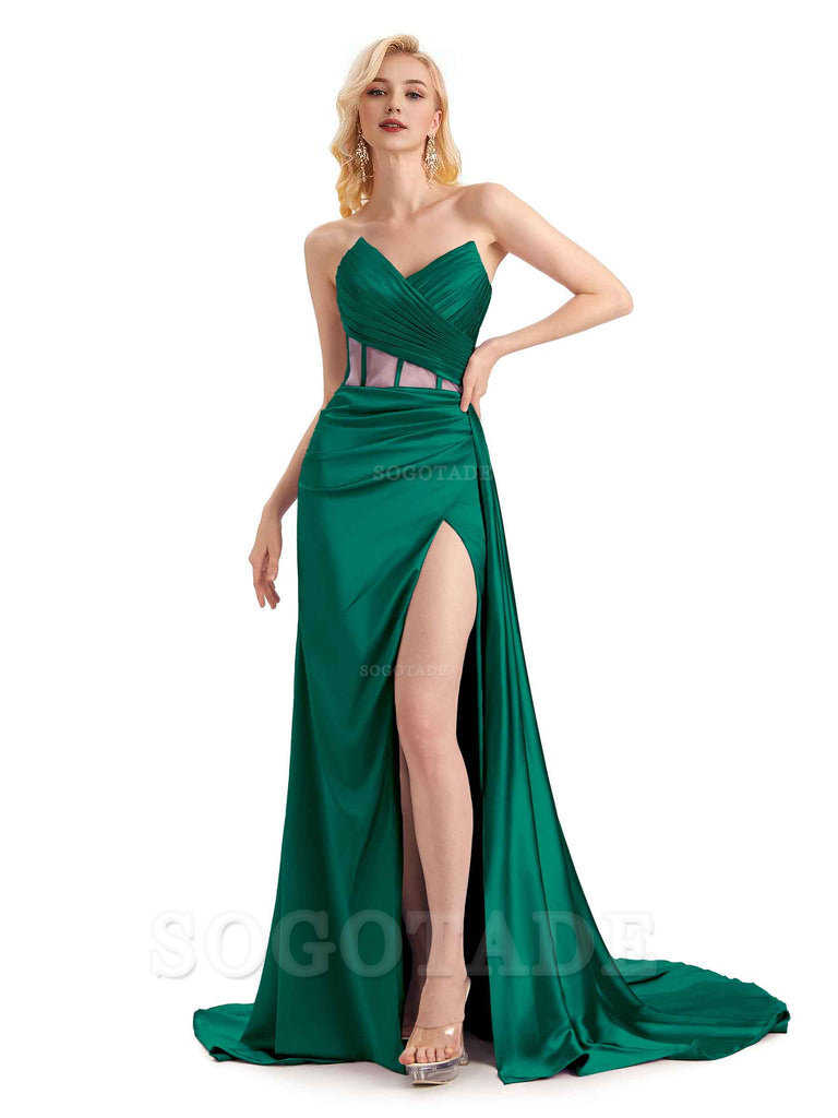 Sexy Soft Satin Side Slit See Through Floor-Length Long Mermaid Bridesmaid Dresses prom shop dresses