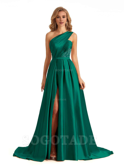 Sexy Side Slit One Shoulder A-Line Soft Satin Long Bridesmaid Dresses Online prom dress in store
