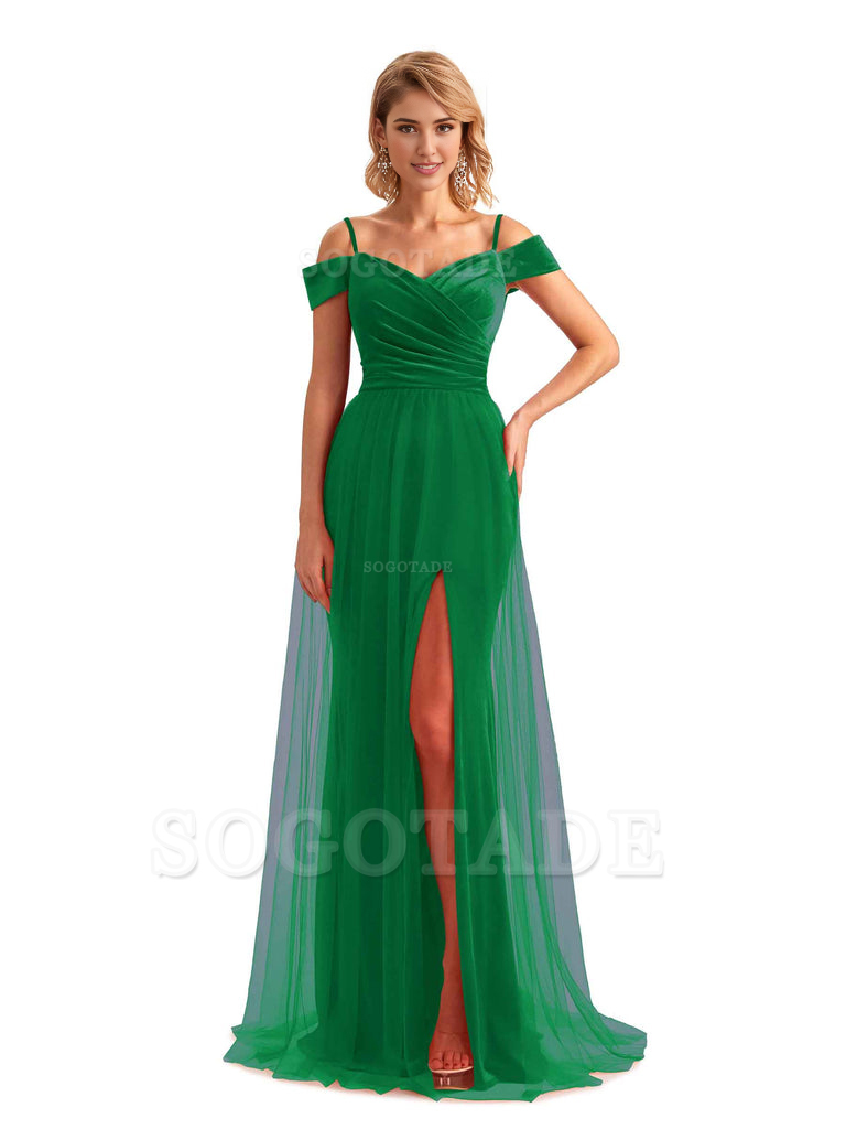 Elegant Mermaid Spaghetti Straps Floor Length Cold Shoulder Side Slit Tulle Velvet Long Bridesmaid Dresses