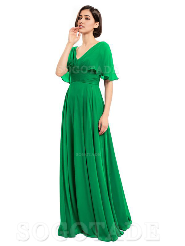  V-Neck Cap Sleeves Sleeves Chiffon Long Elegant Bridesmaid Dresses Formal Wear Dresses