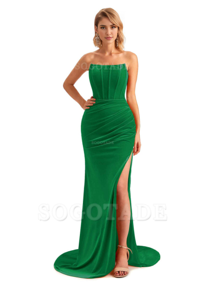  Sexy Side Hight Slit Sleeveless Mermaid Strapless Velvet Long Bridesmaid Dresses Online