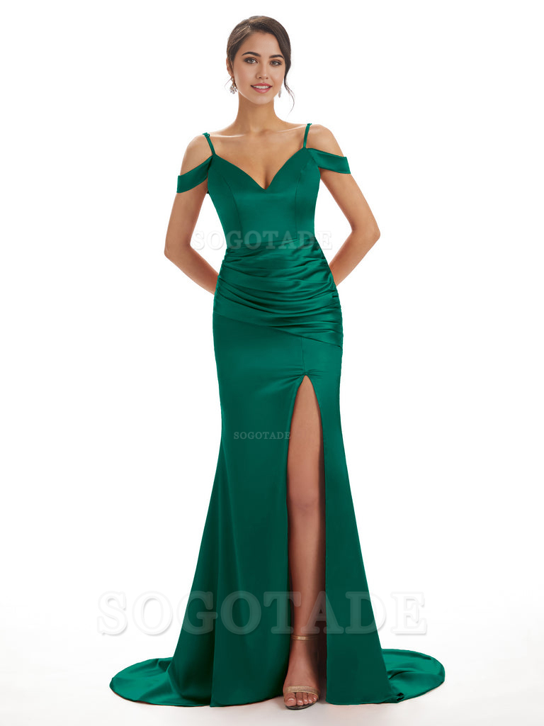 Mermaid Off The Shoulder Satin formal dresses evening gown Bridesmaid Dresses With Side Slit 