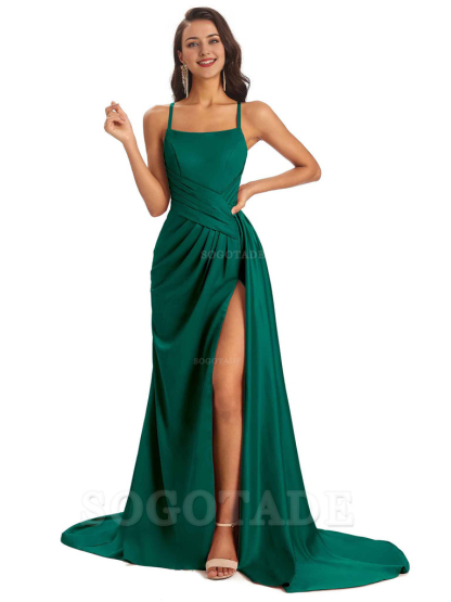 Sexy Soft Satin Side Slit Spaghetti Straps Long Maxi Bridesmaid Dresses prom shop dresses