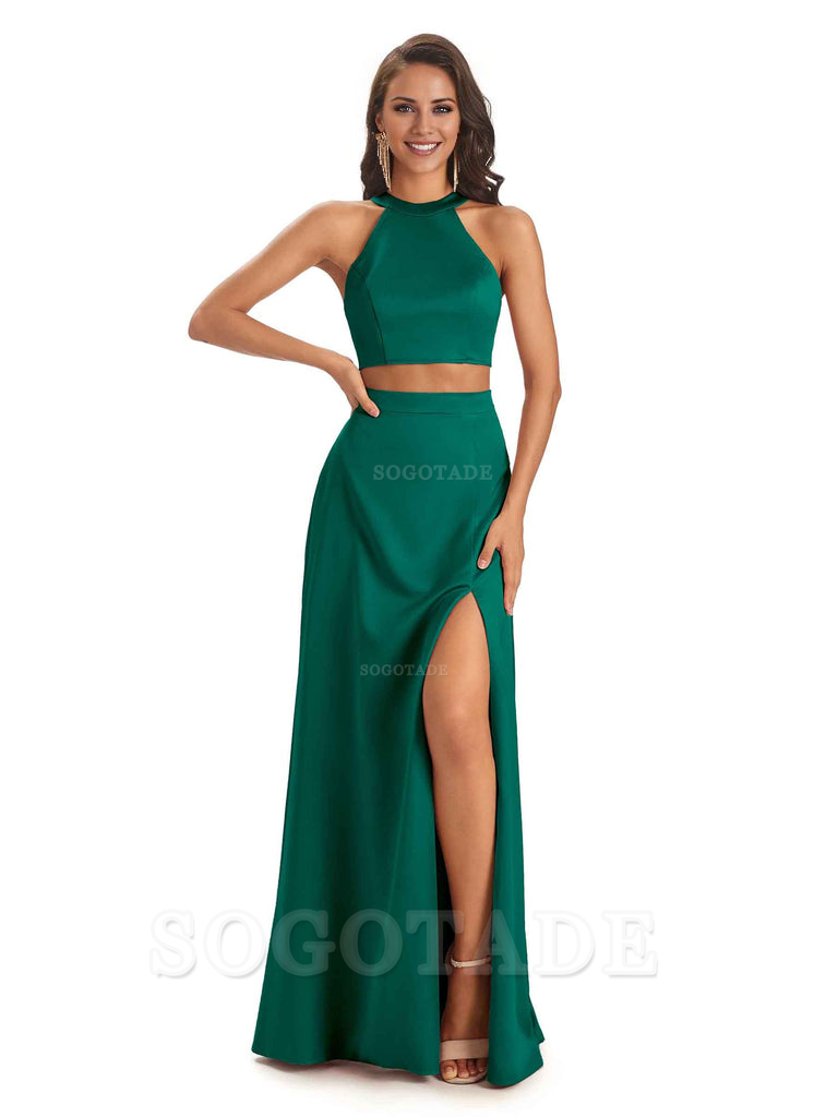 Soft Satin Two-Pieces Halter Side Slit Sexy Fashion Bridesmaid Dresses Charming Evening Party Dress