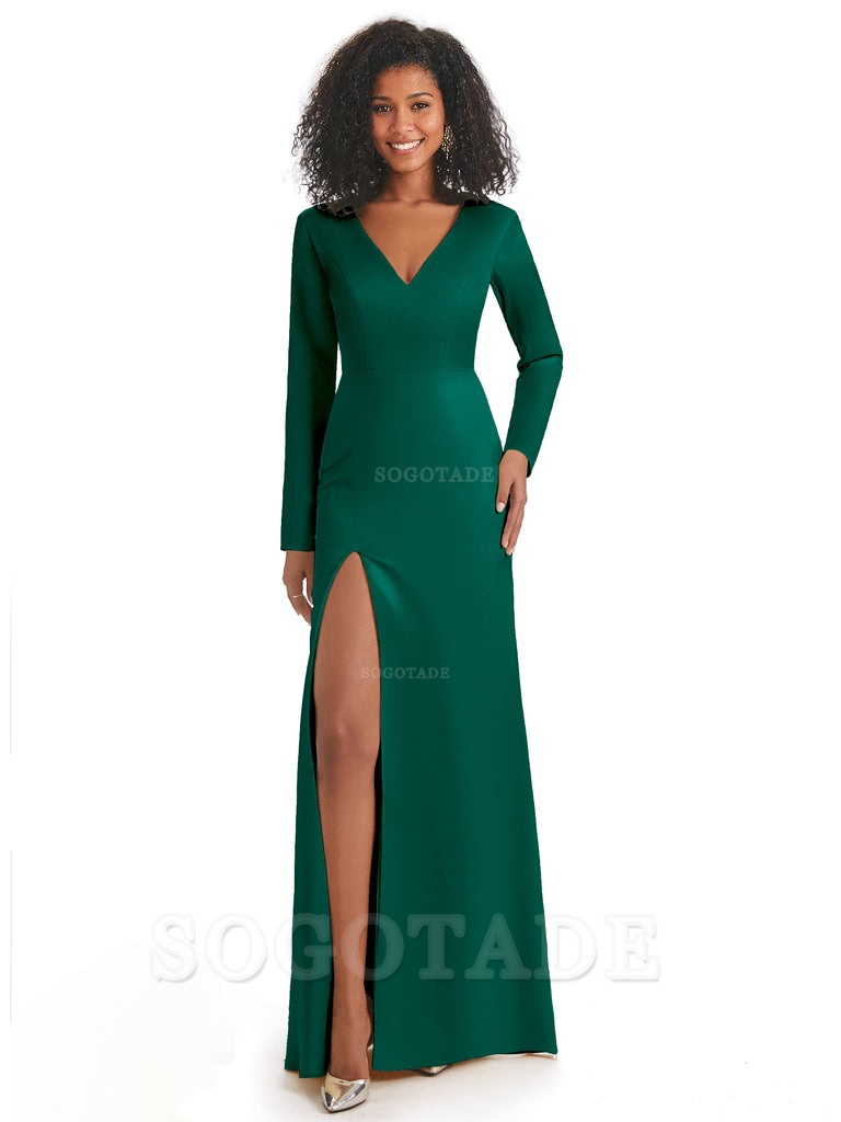 Soft Satin Side Slit Long Sleeves V-Neck Long African Mermaid Bridesmaid Dresses Elegant Evening Party Dress