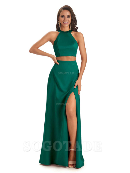 Soft Satin Two-Pieces Halter Side Slit Sexy Fashion Bridesmaid Dresses Charming Evening Party Dress