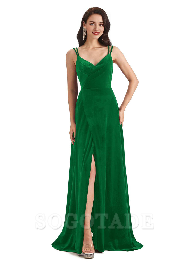 Sexy Velvet Long Bridesmaid Dresses Spaghetti Straps Open Back with Side Slit