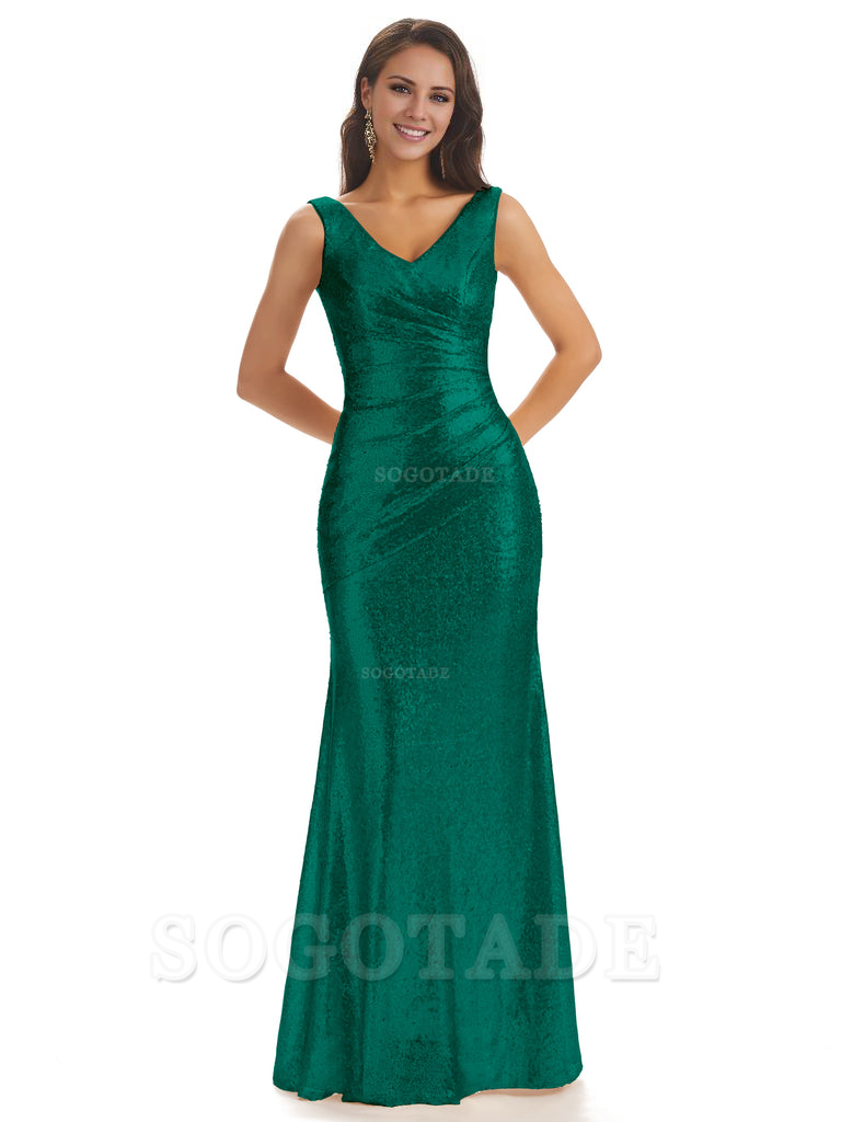 Sexy Sequin V-Neck Sparkly Long Mermaid Bridesmaid Dresses Charming Evening Party Dress