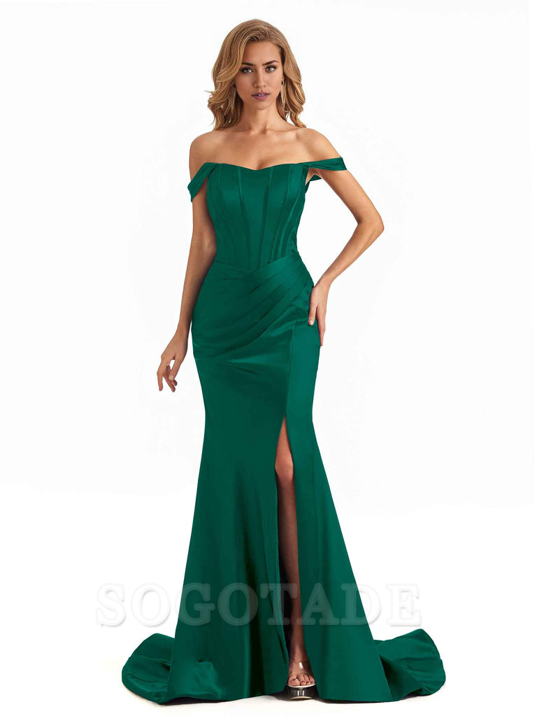 Sexy Long Mermaid Bridesmaid Dresses Off The Shoulder with Side Slit Satin Elegant Evening Party Dress 