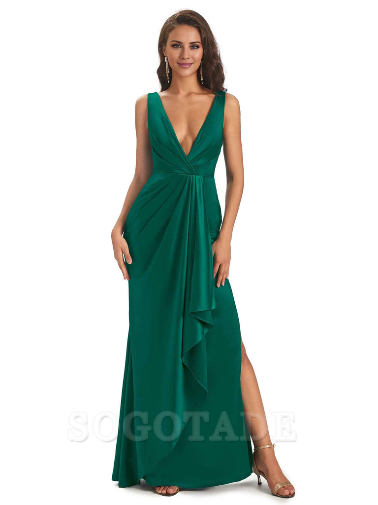 Sexy Satin V-Neck Floor-Length Long Bridesmaid Dresses with Side Slit Elegant Evening Party Dress