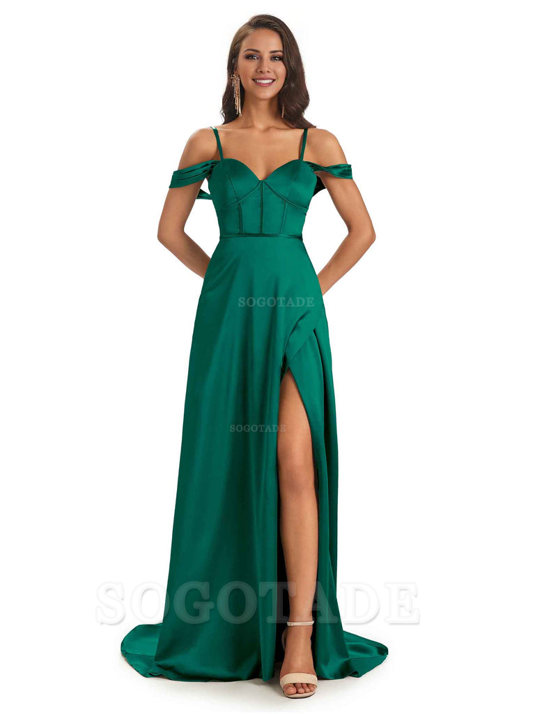 Stylish Soft Satin Side Slit Spaghetti Straps Bridesmaid Dresses Elegant Evening Party Dress