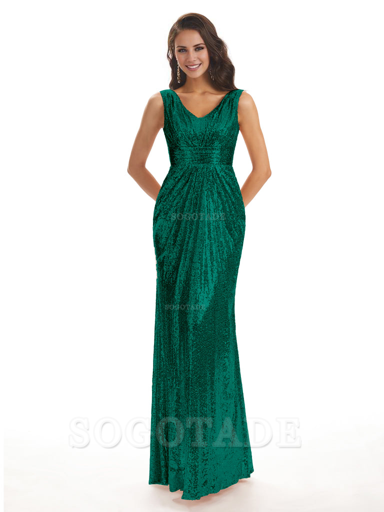 Sparkly V-Neck Sequin Long Mermaid Bridesmaid Dresses Sleeveless Charming Evening Party Dress