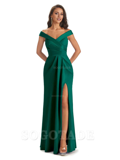 Sexy Soft Side Slit Off Shoulder V-Neck Long Satin Ladies Bridesmaid Dresses Elegant Evening Party Dress
