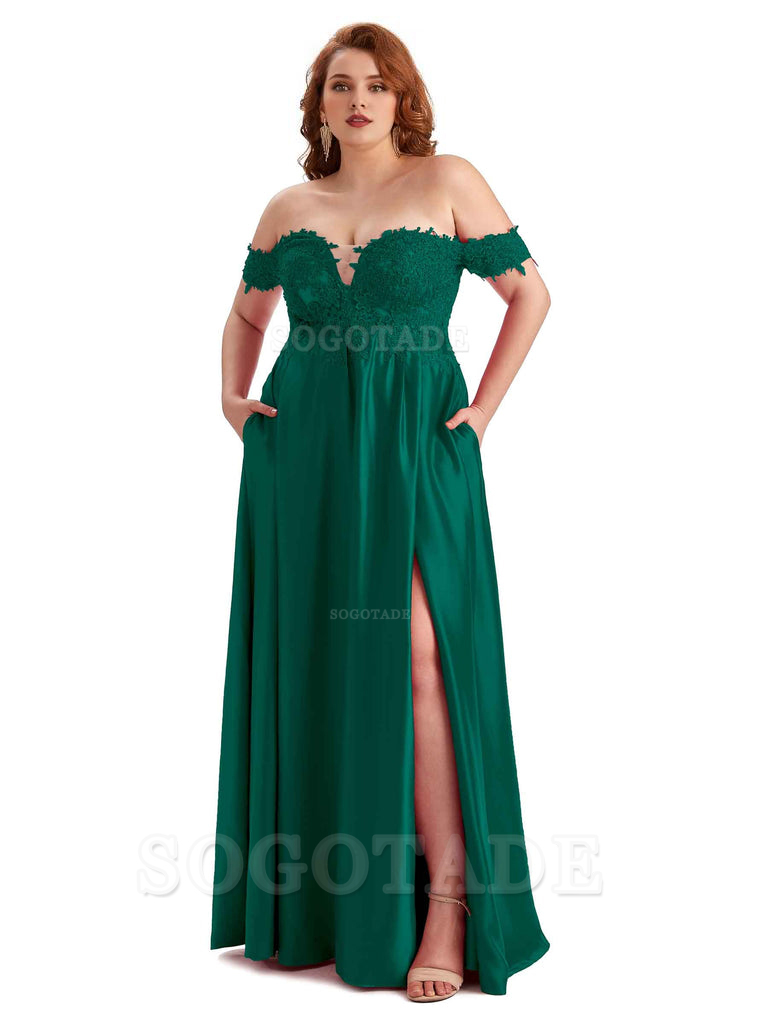 Off Shoulder Side Slit Lace Soft Satin Long Plus Size Bridesmaid Dresses For Wedding