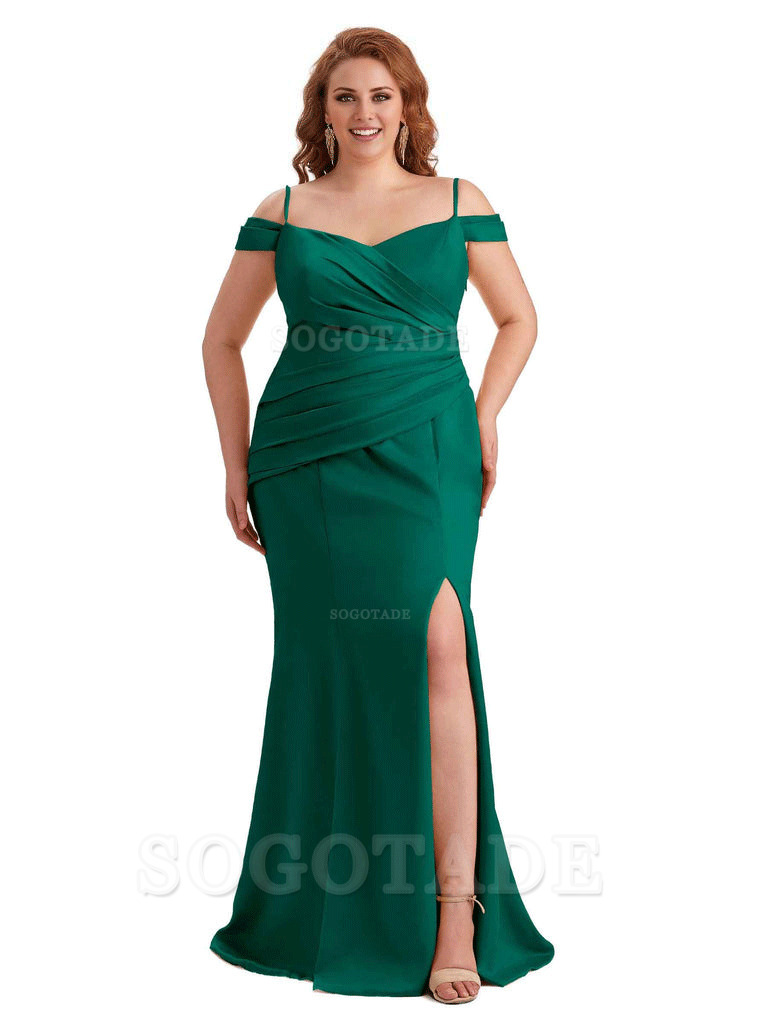 Elegant Cold Shoulder Side Slit Mermaid Soft Satin Long Plus Size Bridesmaid Gowns