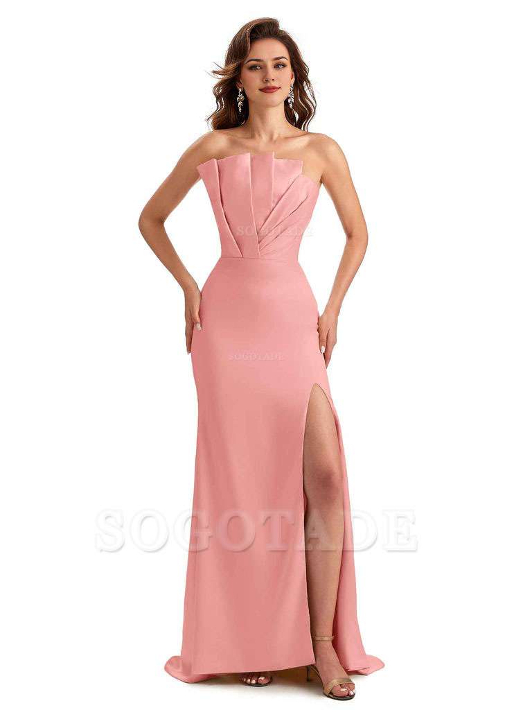 Unique Soft Satin Side Slit Asymmetrical Neckline Mermaid Long Bridesmaid Dresses