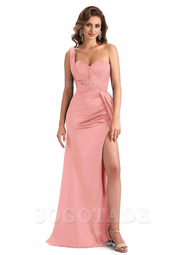 Sexy Mermaid Silky Satin Side Slit One Shoulder Unique Long Wedding Guest Dresses