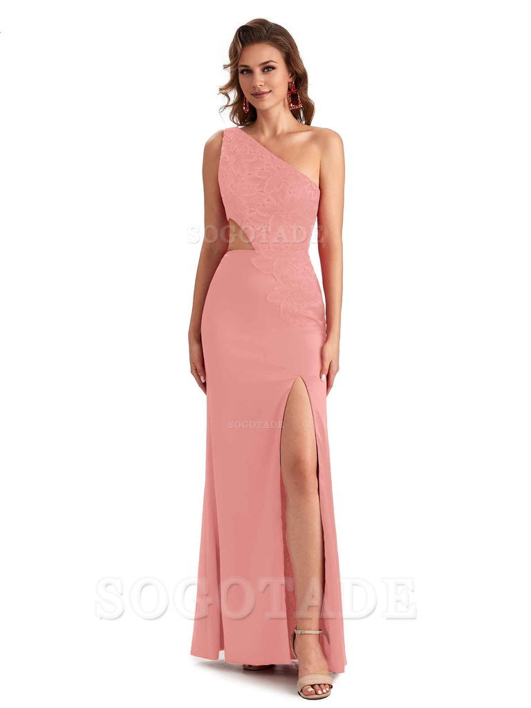 Sexy Side Slit Mermaid Lace Silky Satin One Shoulder Chic Long Bridesmaid Dresses