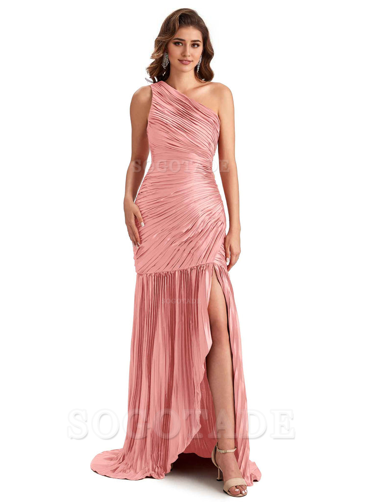 Sexy Side Slit Mermaid Soft Satin One Shoulder Long Ladies Bridesmaid Dresses Online