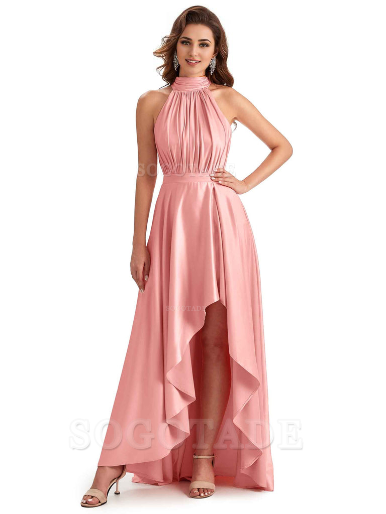 Soft Satin High Neck High Low A-Line Unique Bridesmaid Dresses Online