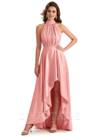 Soft Satin High Neck High Low A-Line Unique Bridesmaid Dresses Online
