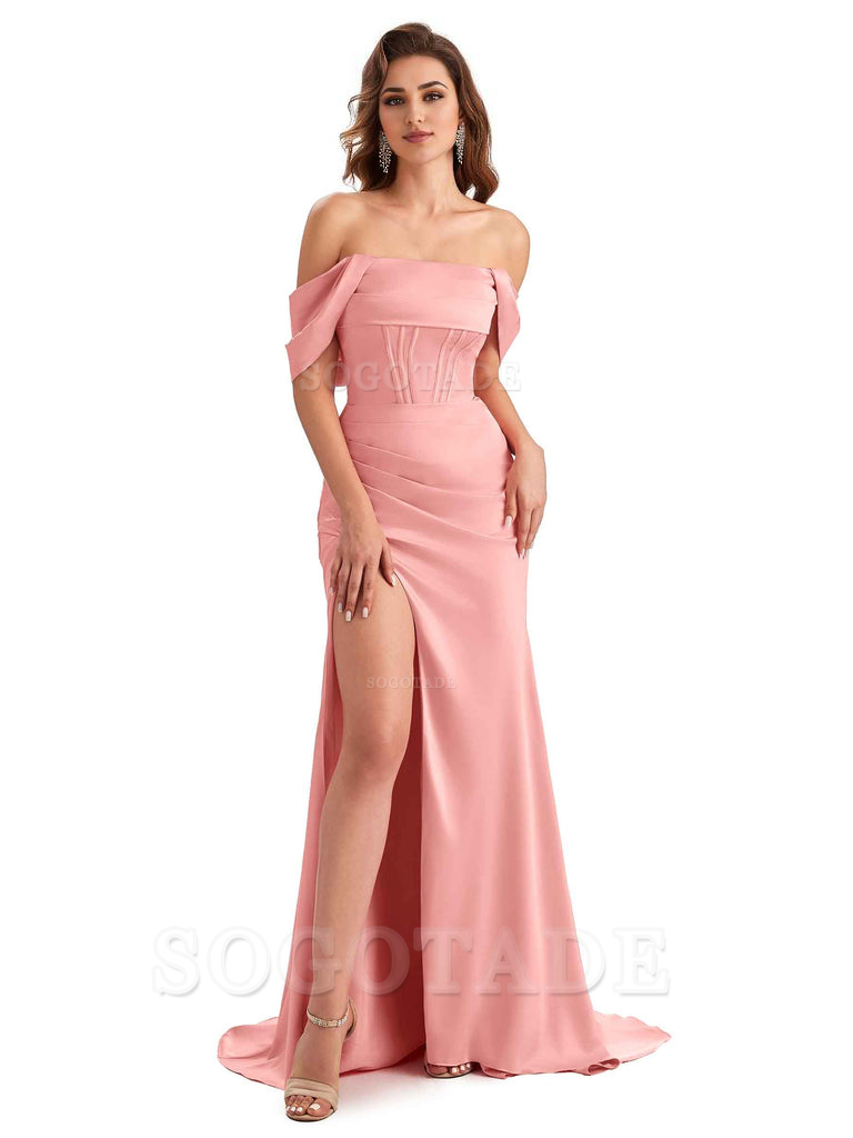 Sexy Side Slit Mermaid Soft Satin Off The Shoulder Unique Long Wedding Attendee Dresses