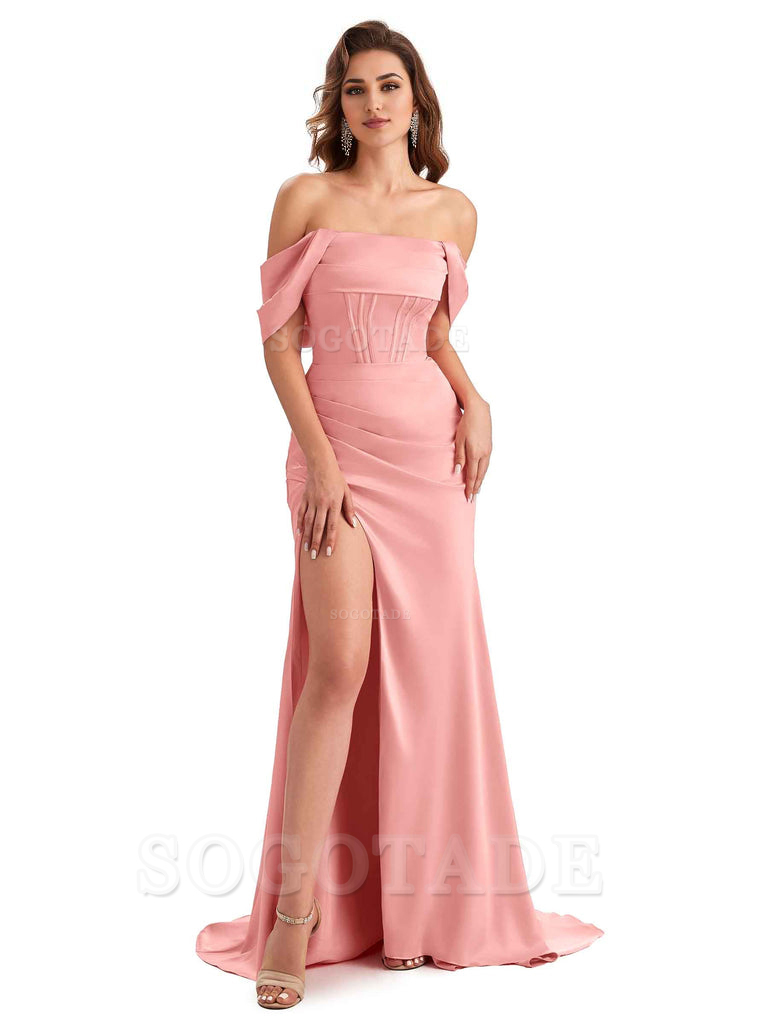 Sexy Side Slit Mermaid Soft Satin Off The Shoulder Unique Long Wedding Attendee Dresses