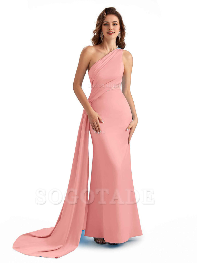 Sexy Mermaid Silky Satin One Shoulder Lace See Through Long Bridesmaid Dresses Online