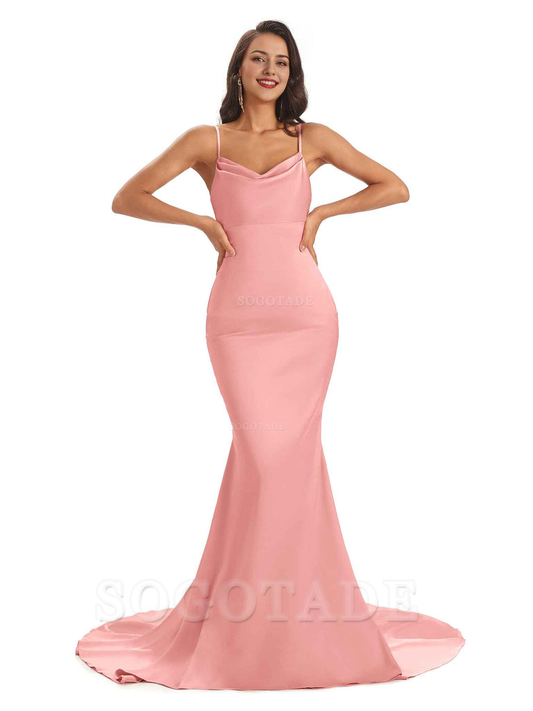 Sexy Backles Soft Satin Spaghetti Straps Maxi Mermaid Bridesmaid Dresses Online prom shop dresses