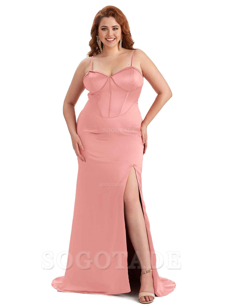Sexy Spaghetti Straps Side Slit Sleeveless Mermaid Soft Satin Long Bridesmaid Dress Plus Size Dress To Wear to a Wedding